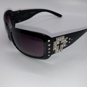 New Western brand style black Sunglasses: rectangle, cross and rhinestone side